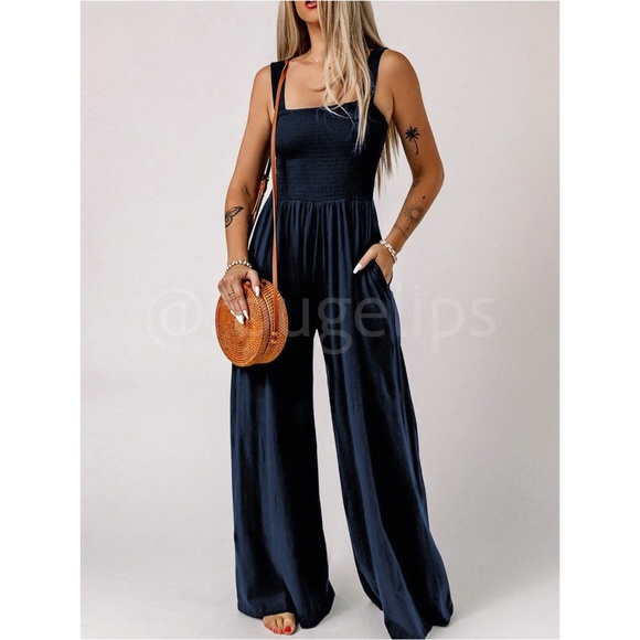 Navy Blue Jumpsuit Slant Pocket Wide Leg Shirred Bodice